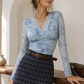 Floral Lace V Neck Long Sleeve Slim Top Tee