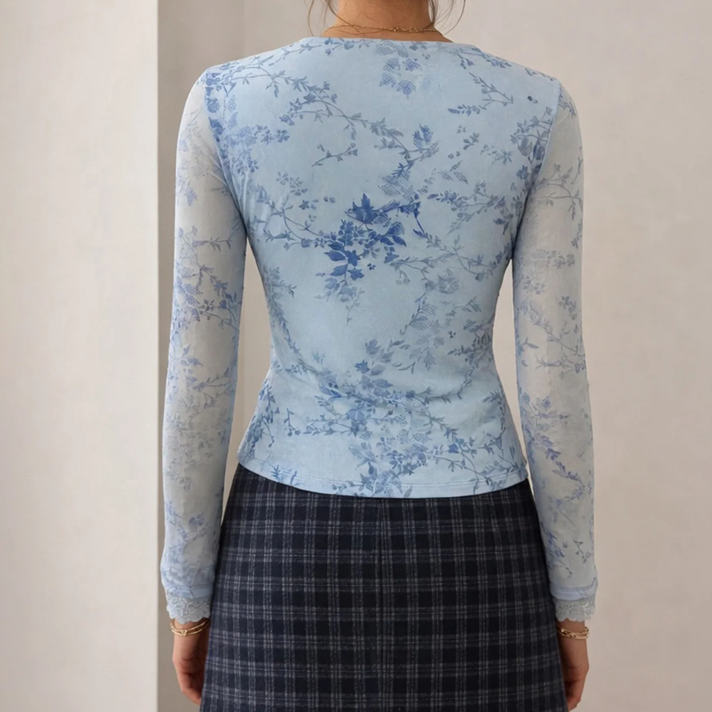 Floral Lace V Neck Long Sleeve Slim Top Tee