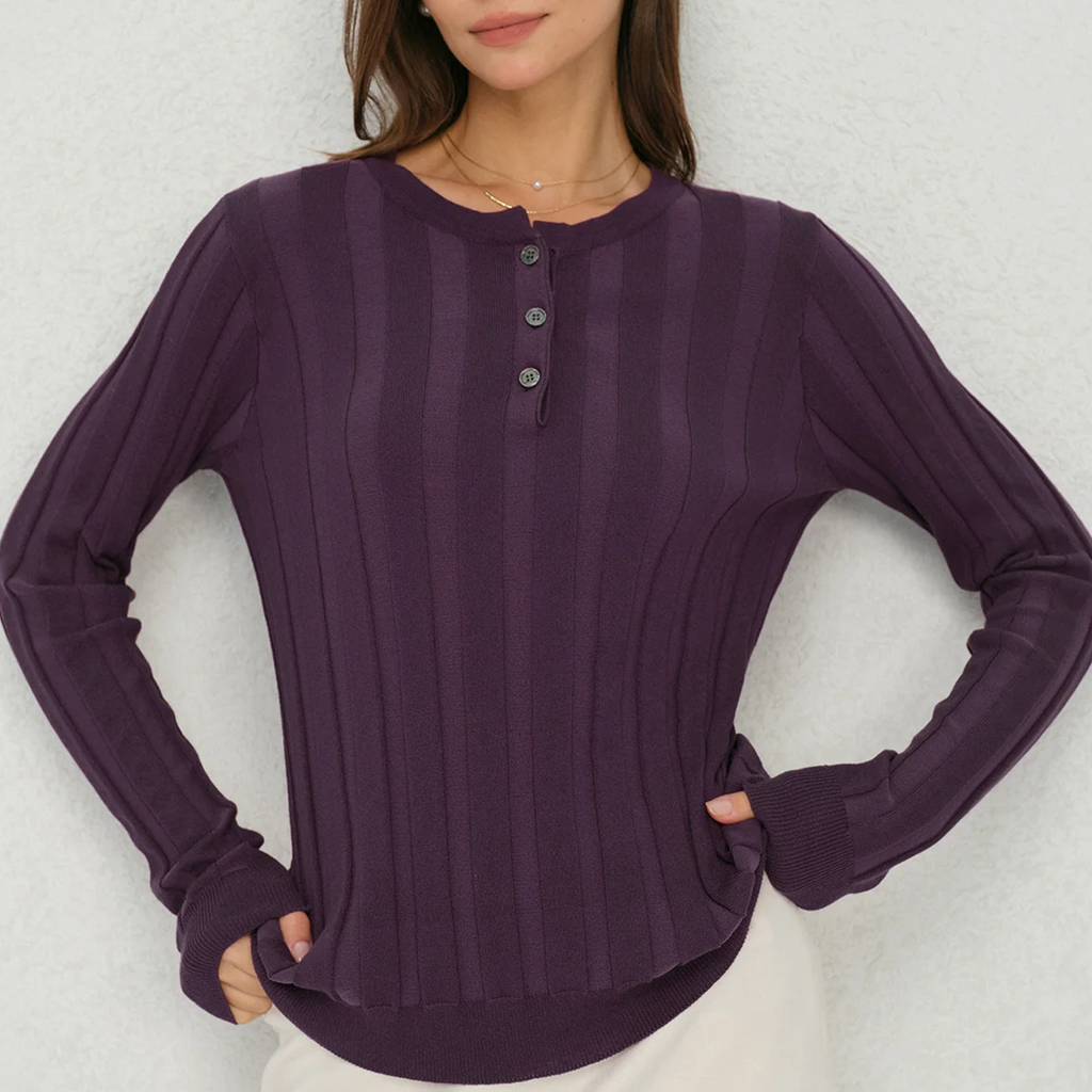 Ribbed Round Neck Button Slim Knit Top Tee