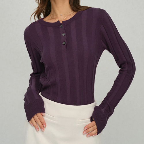Ribbed Round Neck Button Slim Knit Top Tee