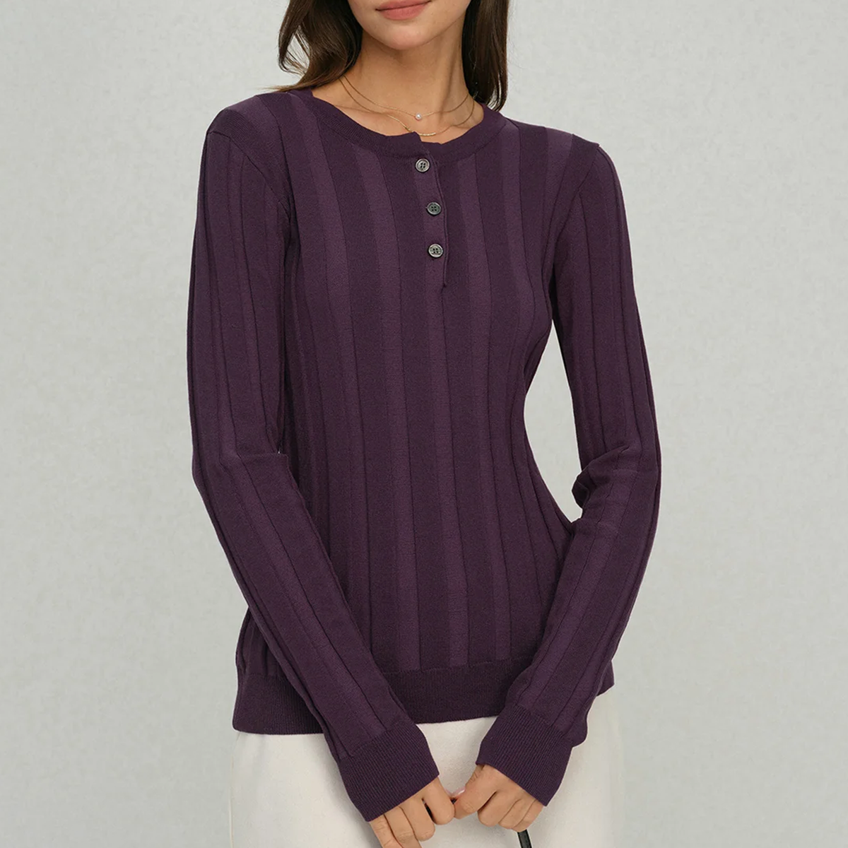 Ribbed Round Neck Button Slim Knit Top Tee