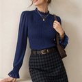 Ruffled High Neck Puff Sleeve Slim Blouse Tee