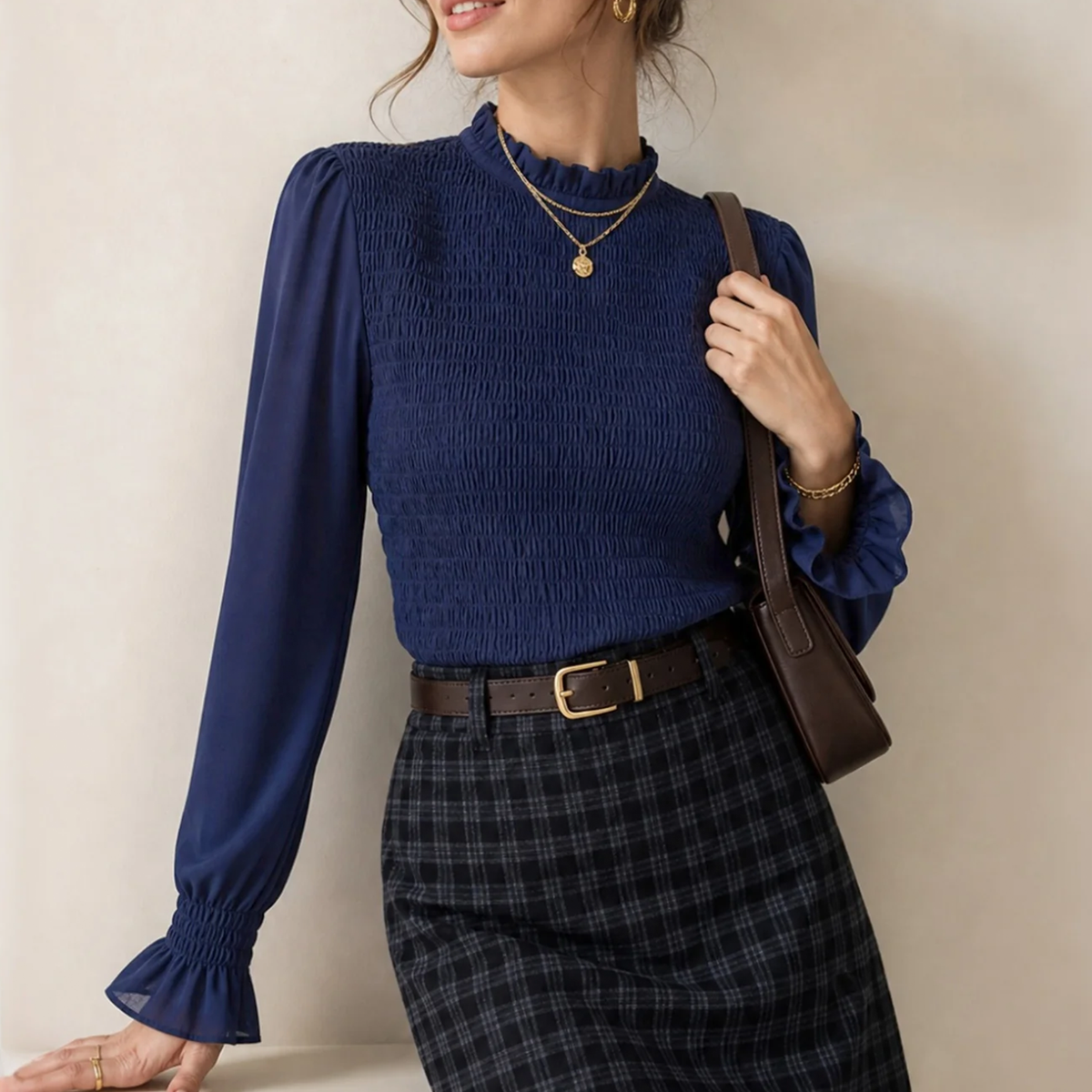 Ruffled High Neck Puff Sleeve Slim Blouse Tee