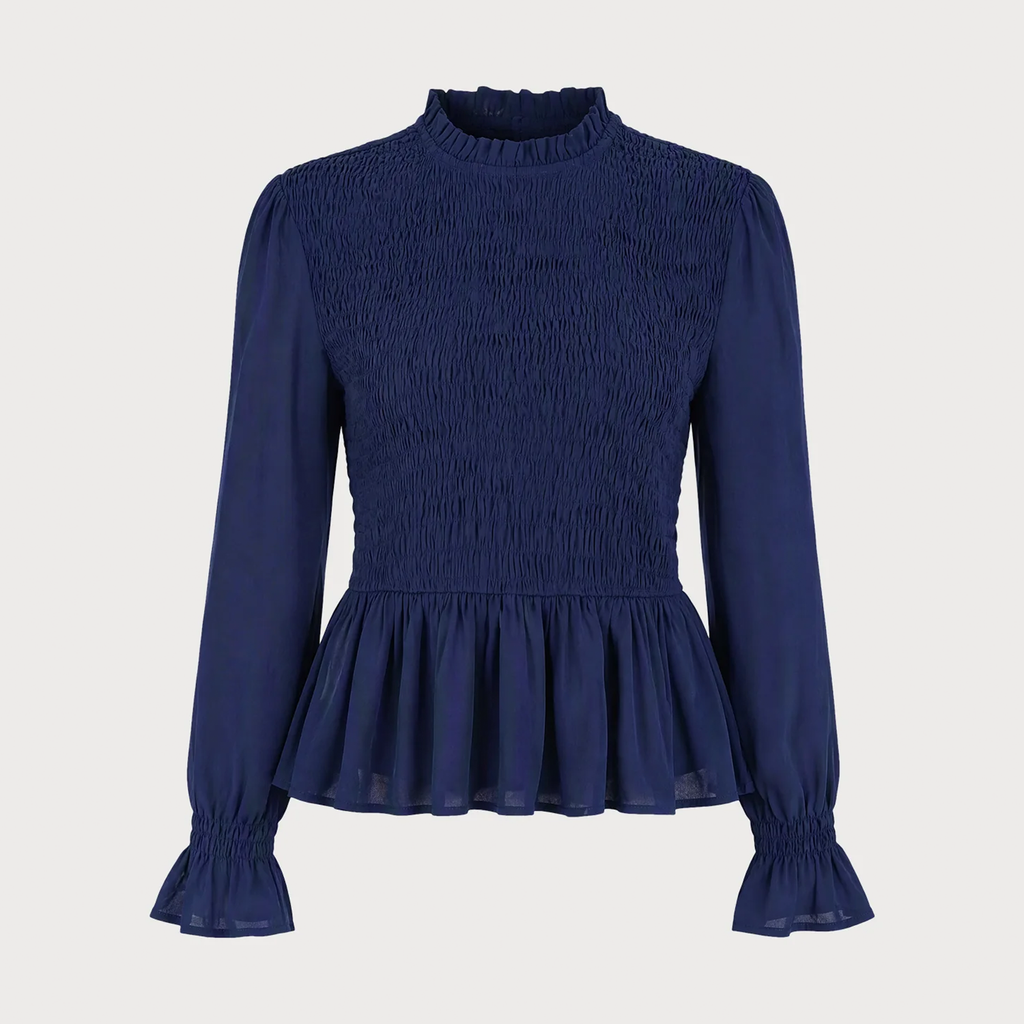 Ruffled High Neck Puff Sleeve Slim Blouse Tee