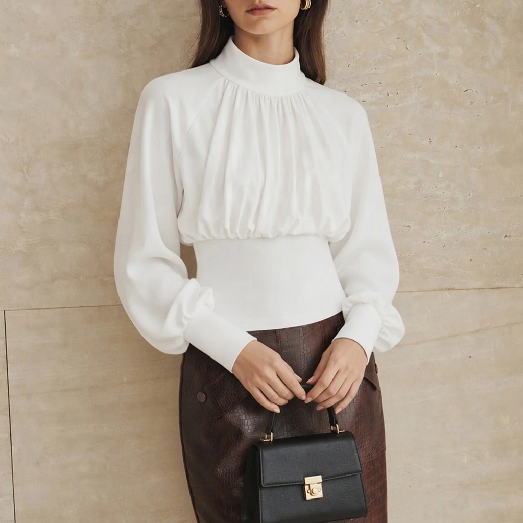 Turtleneck Ruched Bishop Sleeve Solid Top Tee