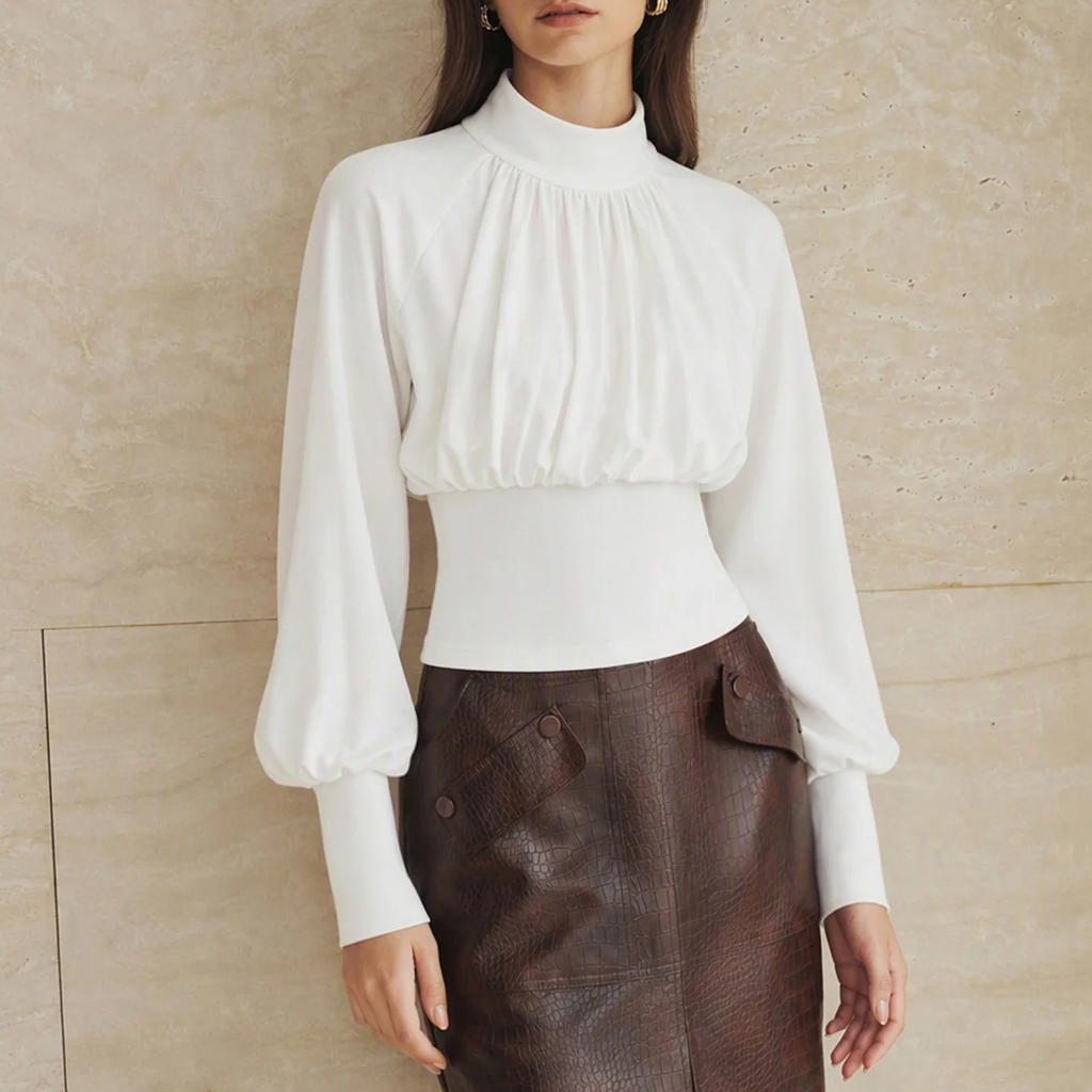 Turtleneck Ruched Bishop Sleeve Solid Top Tee