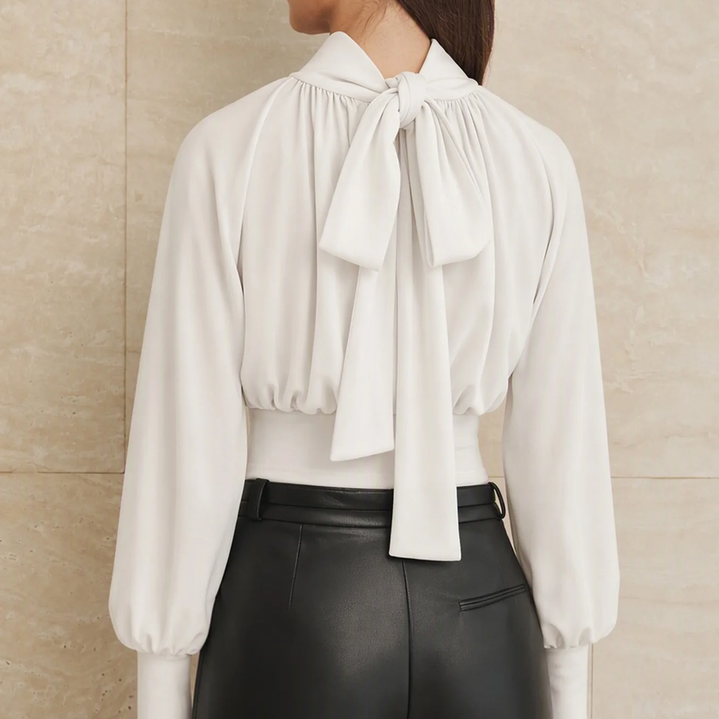 Turtleneck Ruched Bishop Sleeve Solid Top Tee