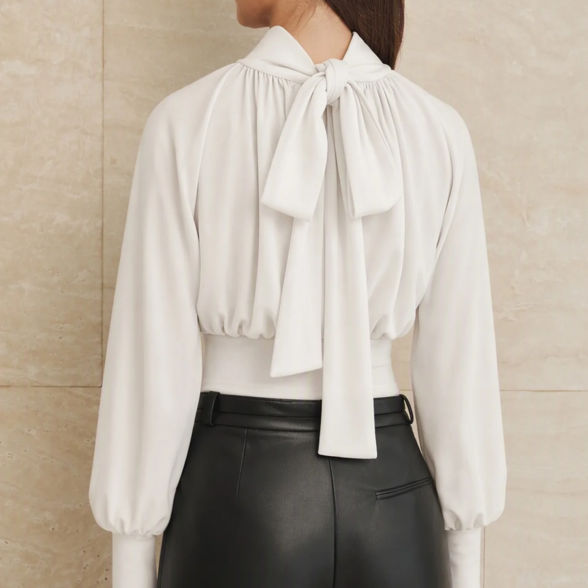 Turtleneck Ruched Bishop Sleeve Solid Top Tee