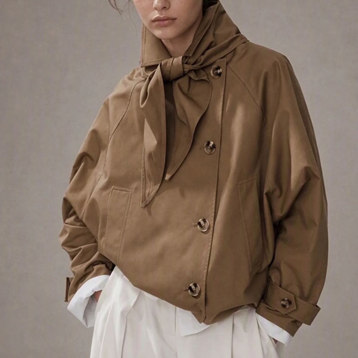 Tie Neck Batwing Sleeve Oversized Button Jacket