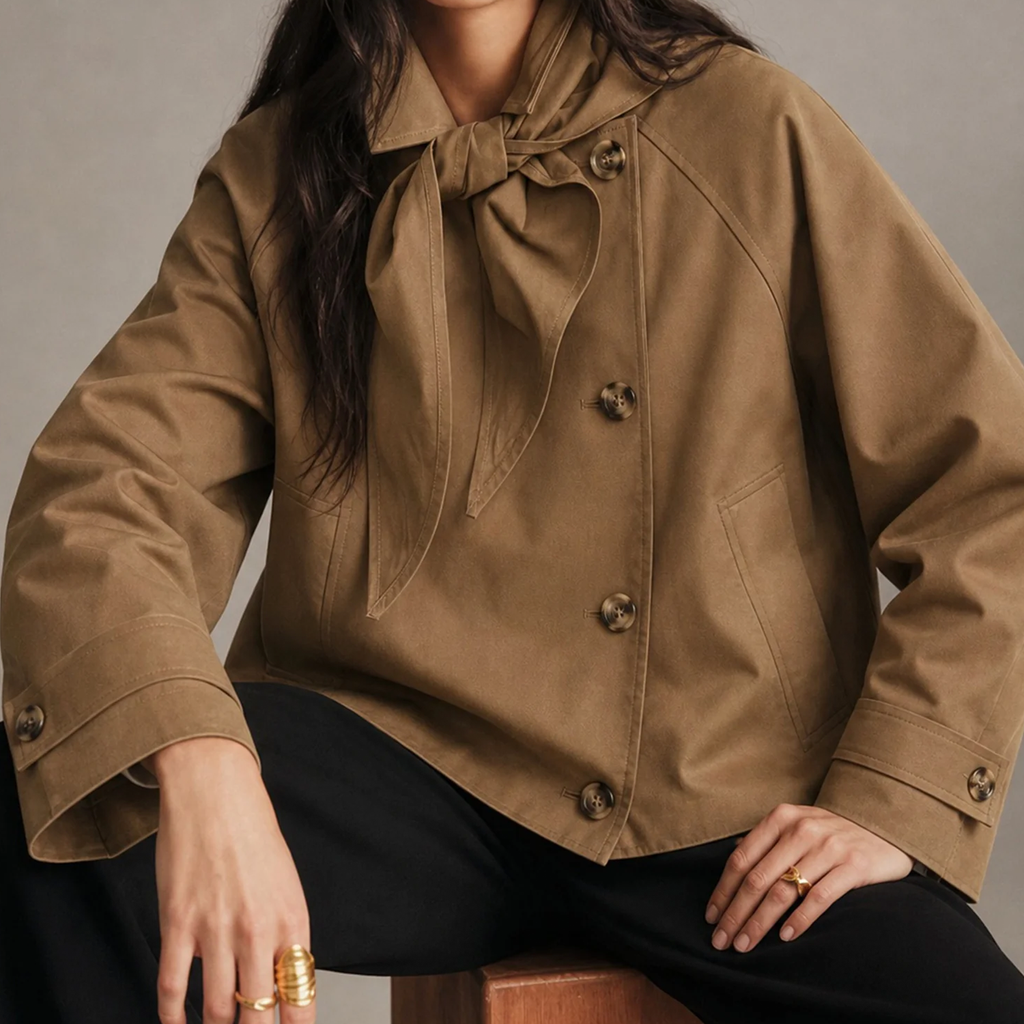 Tie Neck Batwing Sleeve Oversized Button Jacket